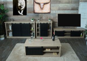 Obývací sestava skládající se z TV stolku, příborníku, komody a konferenčního stolku HWC-K75, úložné prostory s posuvnými dveřmi, industriální  přírodní barva