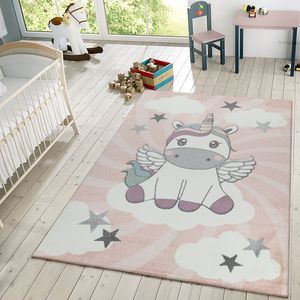 Kinderteppich Mädchen Spielteppich Niedliches Einhorn Wolken In Rosa Weiß Lila Größe 140x200 cm