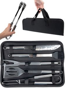 MalTec 5tlg Grill Set Zubehör aus Edelstahl mit Tragetasche, Grillbesteck, Bratenwender, Grillzange, Grillgabel, Grillmesser, Pinsel