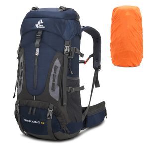 60L vodotěsný lehký turistický batoh s pláštěnkou, venkovní sportovní batoh na cesty pro horolezectví, kempování, námořnická modrá