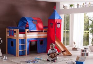 Einzelbett Alex Buche massiv 90x200 cm Natur lackiert mit Stoff-Set und Rutsche