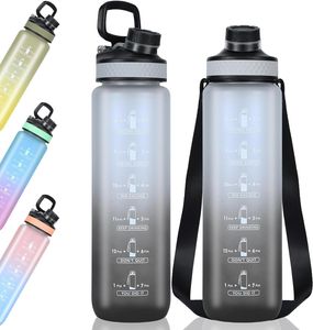 1000ml Sport Wasserflasche mit Zeitmarkierungen, auslaufsichere Trinkflasche, BPA-frei für Fitness/Radfahren/Camping/Laufen (Schwarz)