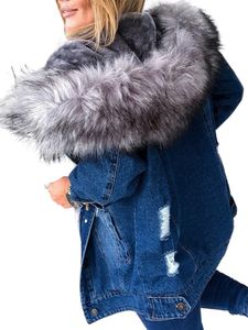 Damen Fashion Fleece Jeansjacke Mit Kapuze Winter Warm Plus Fleecejacke Mit Kunstpelzkapuze,  die einfache Denim -Outwear ist, Größe: L