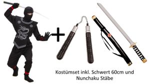 Kostüm schwarzer Ninja komplett Kinder Ninja - Kinderkostüm Set mit Waffen Gr. L - 158 cm