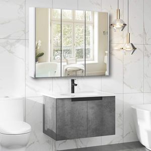 Goplus Spiegelschrank 3 Tür 90x11x65cm, Badezimmerschrank, Hängeschrank Badezimmer, Wandschrank mit Spiegel, Badezimmerspiegelschrank
