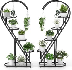 GOPLUS 5-stufiger Metall-Pflanzenständer in Herzform, Pflanzenregal mit 4 Aufhängehaken, Blumenständer für den Innen- und Außenbereich (Schwarz)