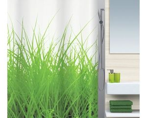 Spirella Anti-Schimmel Duschvorhang - Anti-Bakteriell, waschbar, wasserdicht, Polyester, „Grass“ 180x200cm Weiß Grün