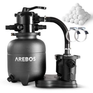 Pískový filtrační systém AREBOS s čerpadlem včetně 600g filtračních kuliček, černý, 350W, 9500 l/h, objem nádrže až 20 kg písku, 7cestný ventil s rukojetí