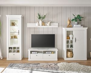 Wohnwand in Pinie weiß mit LED-Beleuchtung, 4-teilig, Landhaus-Stil - RAPLA-61