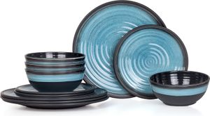 Moritz Camping Tafelgeschirr aus Melamin für 4 Personen 12-teilig | spülmaschinenfest | Picknick Geschirrset | Geschirr Campinggeschirr I Stone Blue Design