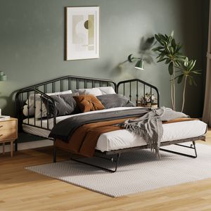 Flieks rozkladacia pohovka 90x200cm s výsuvným lôžkom, denné lôžko kovová posteľ s lamelovým rámom, jednolôžková posteľ pre mladých rozkladacia posteľ s ochranou proti vypadnutiu, čierna