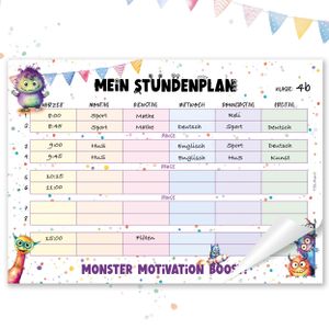 Stundenplan 1. Klasse A4 Block - 25 Seiten, Süßes Monster Design - Einschulungsgeschenk Füllung Schultüte Mädchen u. Jungen