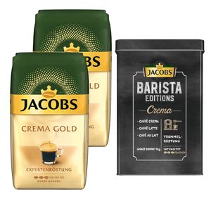 JACOBS Kaffeebohnen Expertenröstung Crema Gold 2 x 1 kg ganze Kaffee Bohnen + 1 Aluminium Dose Barista Design