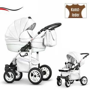 13 teiliges Qualitäts-Kinderwagensystem 2 in 1 "COSMO-ECO" - KUNSTLEDER: Kinderwagen + Buggy + Schwenkräder - Mega-Ausstattung - all inclusive Paket in Farbe (CE-35) WEIß KUNSTLEDER-WEIß