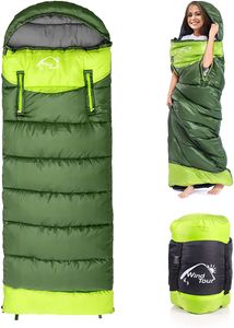 Outdoorový kempingový spací pytel - lehký, kompaktní, nepromokavý, teplý pro 3-4 roční období, spací pytel pro kempování, turistiku a horolezectví, zelený, pravý zip