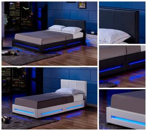 HOME DELUXE LED Bett ASTEROID weiß - 90 x 200 cm | inkl. Lattenrost, Matratze & Kopfteil - Polsterbett, Jugendbett, Einzelbett