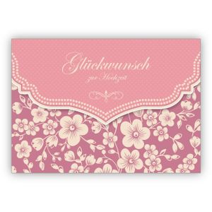 Wunderbare Vintage Hochzeitskarte mit Retro Kirschblüten Muster in rosa: Glückwunsch zur Hochzeit