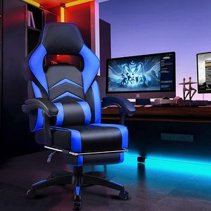 LUCKRACER Gaming Stuhl mit Fußstütze und Lendenkissen Bürostuhl Zocker Stuhl Ergonomischer Gamer Stuhl mit Verbindungsarmlehnen bis 150kg belastbar BLAU