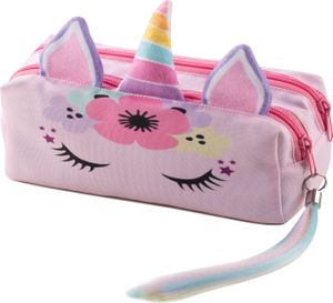 Einhorn Federtasche Schlamperbox Federmäppchen Schüleretui Stiftemappe mit zwei Reißverschlüssen Unicorn Horn mit Ohren und Regenbogen Schwanz [107]