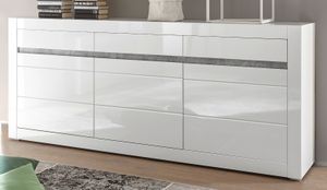 Sideboard "Nobile" in weiß Hochglanz und Stone grau Kommode mit Soft-Close 217 x 90 cm