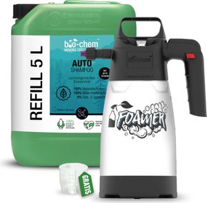 bio-chem AutoShampoo biologisch abbaubar – 5 L Kanister inkl. Schaumsprüher – pH-neutrales Konzentrat – Kraftvoll gegen Schmutz, schonend zum Lack – greift Wachs-Versiegelung nicht an,  Germany