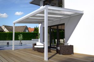 Caldari Terrassenüberdachung Premium Alu weiß, 3,06x5,00m, REXOclear 16/30 Deluxe, 16mm, transparent