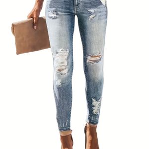 Zerrissene Röhrenjeans Slim Fit Distressed Slash Pockets Stretch-Denim-Jeans Damen-Denim-Jeans und -Kleidung