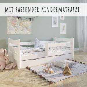 Kinderbett 90x200 cm mit Rausfallschutz Voll-Holz inkl. Matratze Lattenrost & Schublade in weiß Kiefer 200 x 90 Mädchen Jungen Bett Skandi