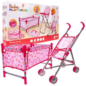 Babypuppenzubehör Set 3+ Babypflege + Kinderwagen + Fütterungsstuhl + Kinderbett + 2 Taschen