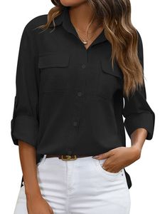Damen Blusen Button Down Bluse Casual Tops Lose Hemden Elegant T-Shirt Oberteile Schwarz,Größe XL