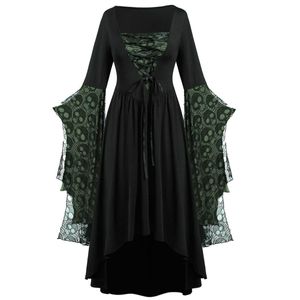 Hexenkleid Damen Halloween Kostüm Maxi Kleider Gothic Abendkleider für Karneval Party Grün,Größe:EU XXL