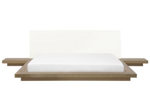 Wasserbett Weiß und Hellbraun Kunstleder / MDF-Platten mit Wasserbettmatratze 180 x 200 cm 2 Nachttische Japanisch Schlafzimmer Doppelbett