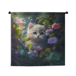 MuchoWow® Tapiserie závěsná Kočička - květiny - les - ilustrace - kočka 120x120 Tapiserie dekorace Závěsný šátek na zeď