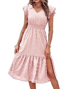 Damen Seitenschlitz Schwungkleider Bohemian Rüsche Kurzarm Mini Kleid Strandrock Rosa,Größe:Xl