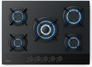 Klarstein Goldflame Nano plynová varná doska, 70 cm, 5 mosadzných horákov, 10,4 kW, horák wok, sklo s nanopovlakom, ochrana proti zlyhaniu plameňa, automatické zapaľovanie, prestaviteľné na NG/LPG, čierne kovové gombíky