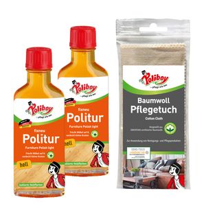 Poliboy fixneu Politur hell - Möbelpolitur für helle lackierte Hölzer - farbauffrischende Holzpolitur - 2x 100ml - Mit Baumwolltuch