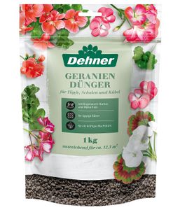 Dehner Geraniendünger, hochwertiger Dünger für Geranien, organisch mineralischer NPK-Dünger, mit Regenwurm-Humus / Mykorrhiza, 1 kg, für ca. 12.5 qm