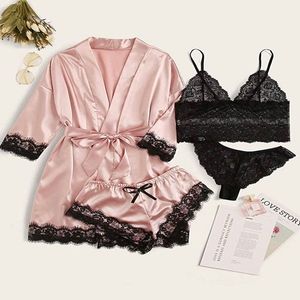 Damen Nachtwäsche 4 teiliges Pyjama Set mit Blumenmuster Spitzenbesatz Satin Cami Pyjama-Set mit Robe | LUXESET