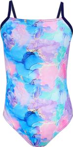 Aquarti Mädchen Badeanzug mit Spaghettiträgern Streifen, Farbe: Tie Dye / Dunkelblau / Blau / Lila / Rosa, Größe: 134