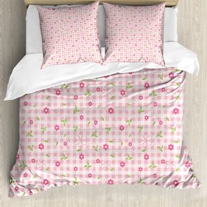 ABAKUHAUS Blumen Bettbezug, Blumen und Streifen, Milbensicher Allergiker geeignet mit Kissenbezügen, 200 cm x 200 cm - 80 x 80 cm, Pale Pink Weiß