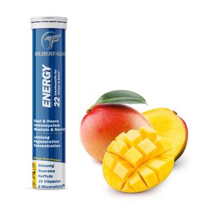 SilberFalke Energy Brausetablette Mango Geschmack mit 10 Vitaminen, 8 Mineralstoffen, Ginseng, Guarana, L-Carnitin und Koffein