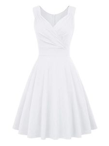 Damen Einfarbig Minikleider V-Ausschnitt Party Kurzes Kleid Hochzeit Falten Ballkleid Weiß,Größe S