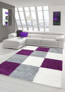 Shaggy Teppich Hochflor Langflor Teppich Wohnzimmer Teppich Gemustert in Karo Design Lila Grau Creme Größe - 80x150 cm