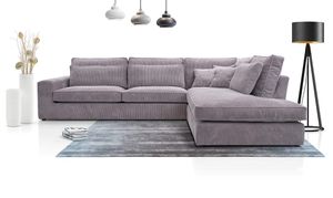 Rohová sedací souprava MOUSSE - čalouněný roh ve tvaru L, obývací část, manšestrová pohovka (barva: světle šedá, otoman: pravý)