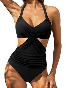 Damen Monokinis Backless Beachwear V Neck One Piece Swimsuit Bauchweg Badeanzüge Schwarz,Größe M