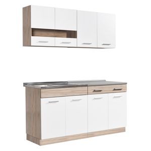 Homestyle4u 2354, Küche Modern Weiß Küchenzeile ohne Geräte Einbauküche Singleküche 160 cm Eiche Grau