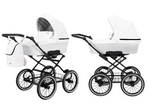 Kinderwagen ROMANTIC Babywagen Babyschale Kinder Wagen Set 1 in 1 (weiß eco, Rahmenfarbe: schwarz Rahmen)