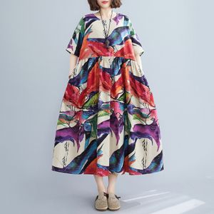 Vintage Frauen Baumwolle Leinen Kleid Blumendruck O-Ausschnitt Halbarm Tasche Lose Freizeitkleid,Farbe