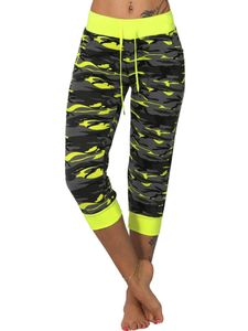 Damen Mid Waist Camouflage Yoga Capri Hosen Sport Leggings Hosen Kordelzug,Farbe: Gelb,Größe:3XL