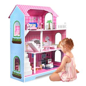 TRMLBE Kinder Puppenhaus Holz Barbie Haus 100x70x30cm Puppenstube Set Rosa 3 Etagen PLAYMOBIL Dollhouse mit Möbeln & Zubehör Puppenvilla DIY Wohnmobil Haus Traumvilla, für Mädchen und Jungen